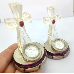 Pair Vintage Elgin Clear Cross Clock 3" Miniature Home Decor (NEEDS BATTERY)